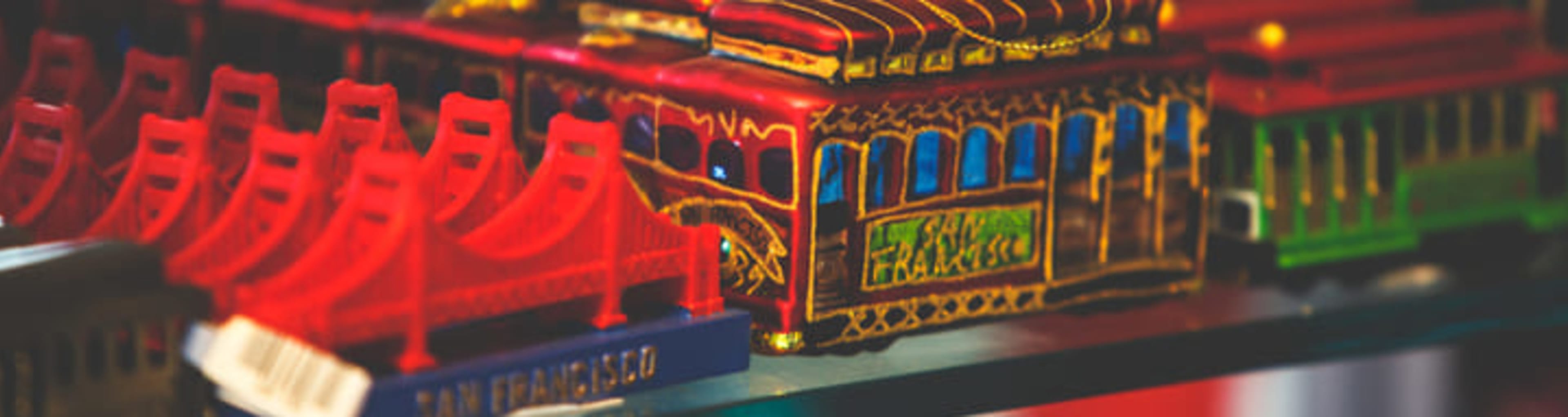 Selection of San Francisco souvenirs including cable car and Golden Gate Bridge ornaments