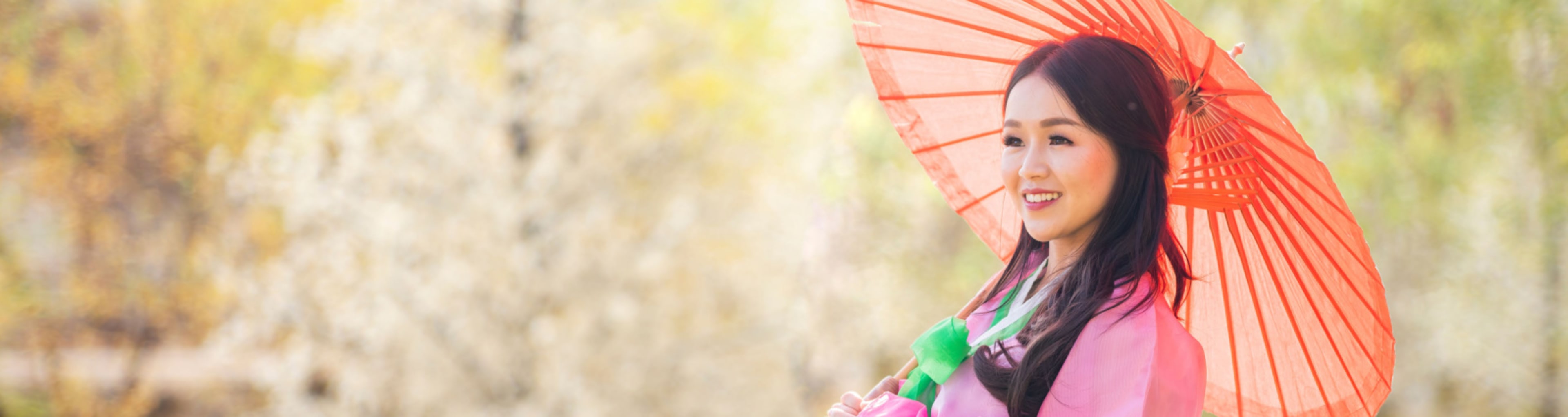 A woman in traditional dress with a parasol, near cherry blossoms in Seoul