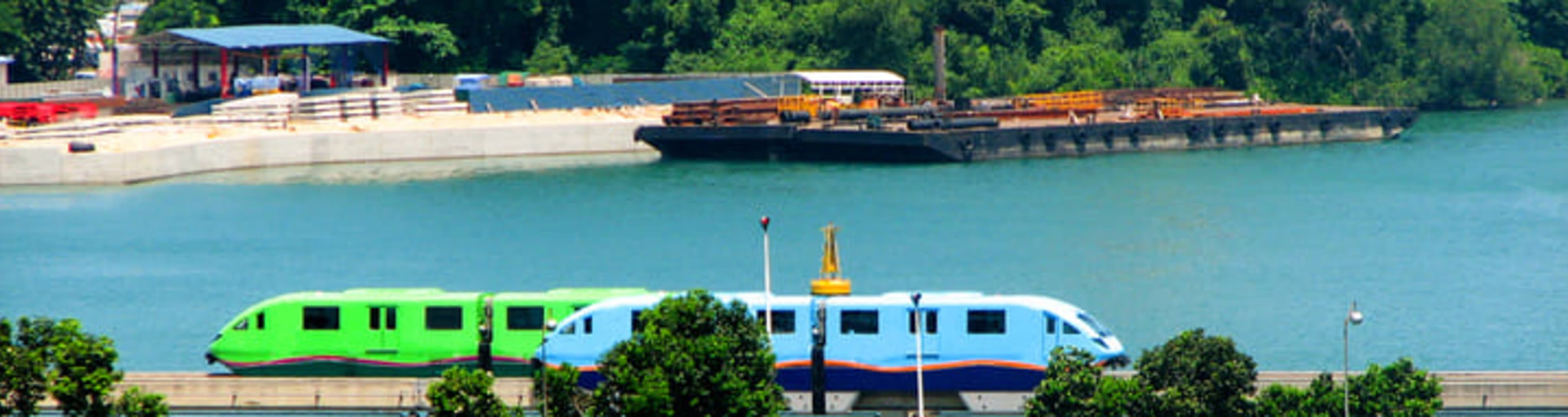 Two Sentosa Express monorail trains passing each other on Sentosa island 