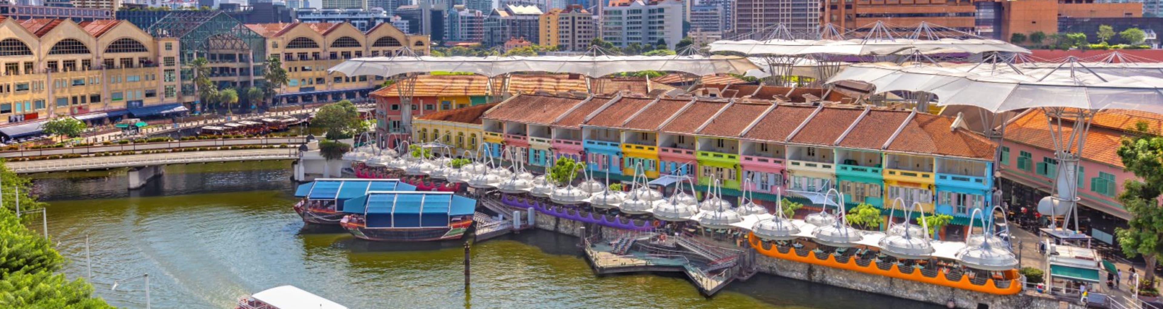Overhead view of colored warehouses and the river at Clarke Quay in Singapore