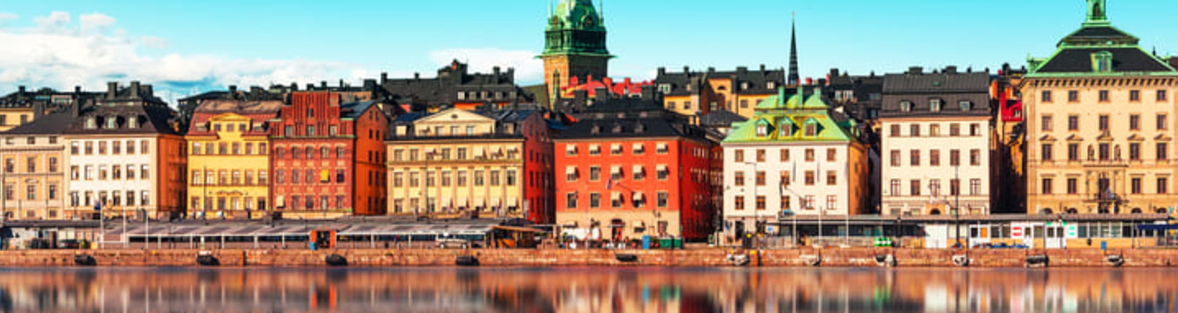 The skyline in Stockholm's old town, dominated by the towering spire of the German Church.