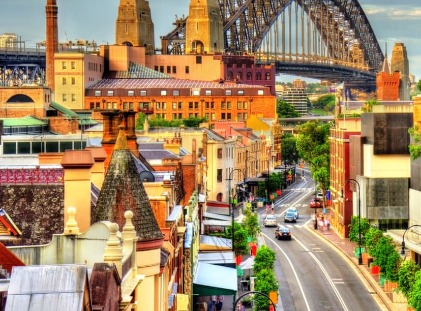 The Rocks neighbourhood and Sydney Harbour Bridge