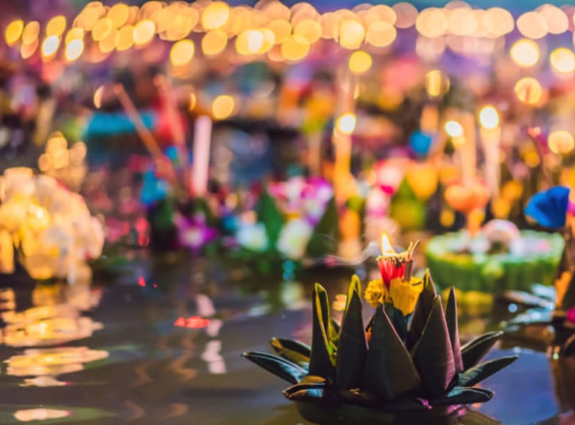 Lotus boats on the water for Thailand's annual Loy Krathong festival.