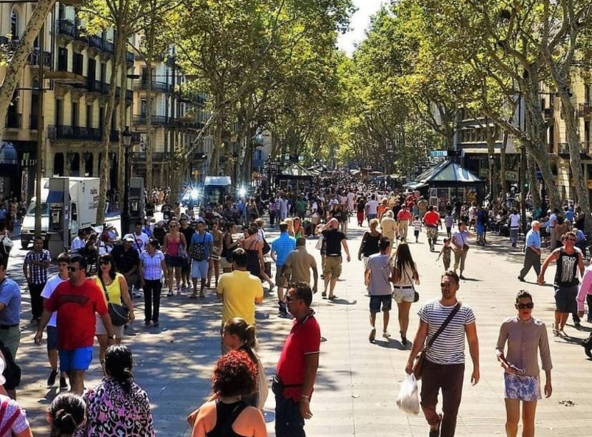 Shoppers and stalls on tree-lined La Rambla Barcelona