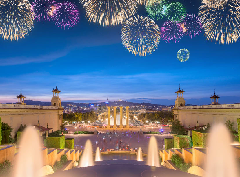 Firework display over the Font Magica de Montjuïc on New Year's Eve