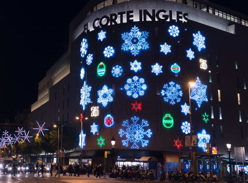 El Corte Ingles shopping mall adorned in Christmas lights