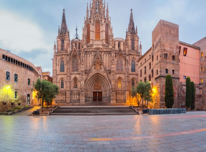 Panoramic view of Barcelona Cathedral in the Gothic Quarter