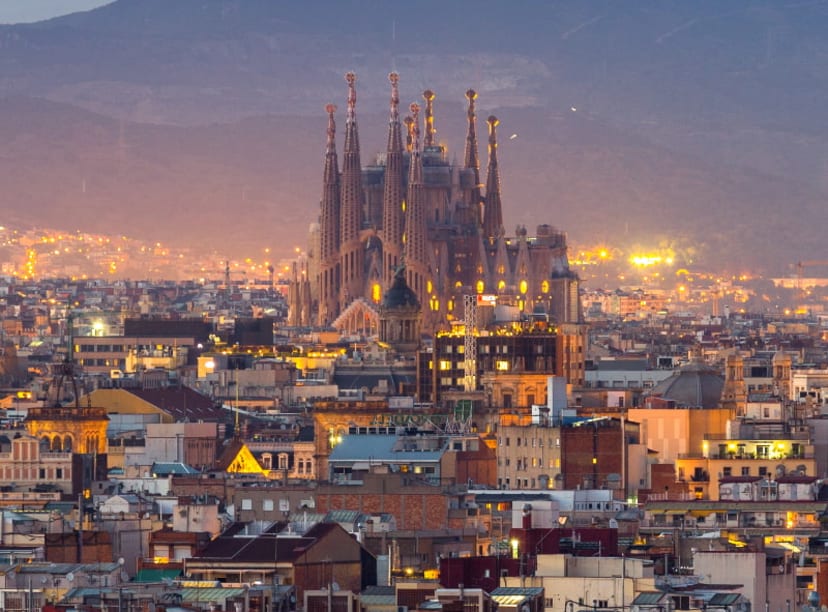 High-angle view over Barcelona at dusk