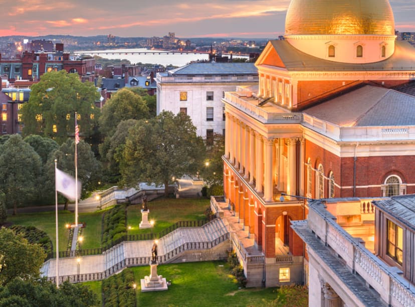 The Massachusetts State House in Boston at dusk