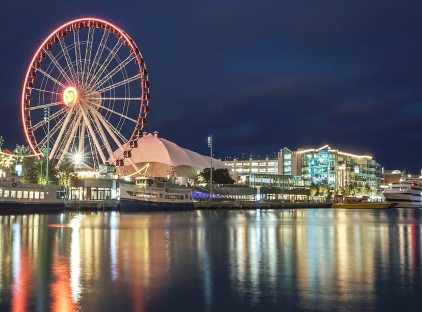 Night time view of the Navy Pier Ferris wheel in Chicago