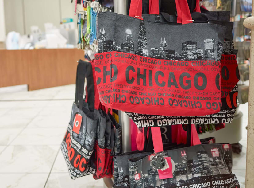 Souvenir bags hanging in a Chicago shop