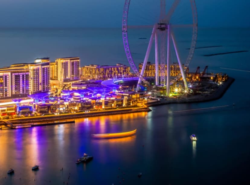 Nighttime view of Bluewaters Island and the Ain Dubai observation wheel.