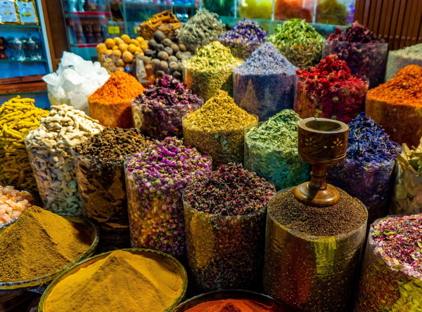 Open sacks of spices in a Dubai souk