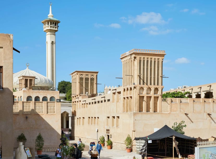 A view of the traditional structures of Dubai's Al Fahidi neighborhood