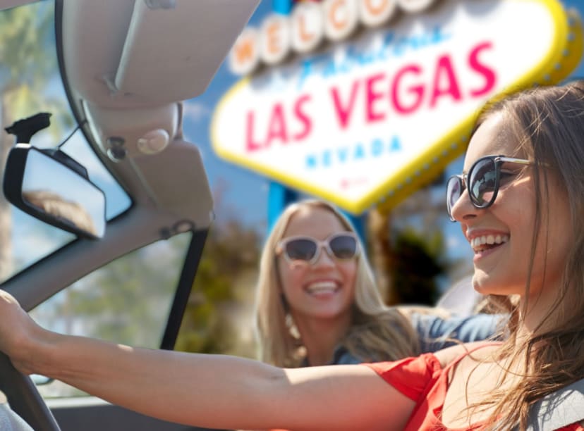 Two girls driving into Las Vegas