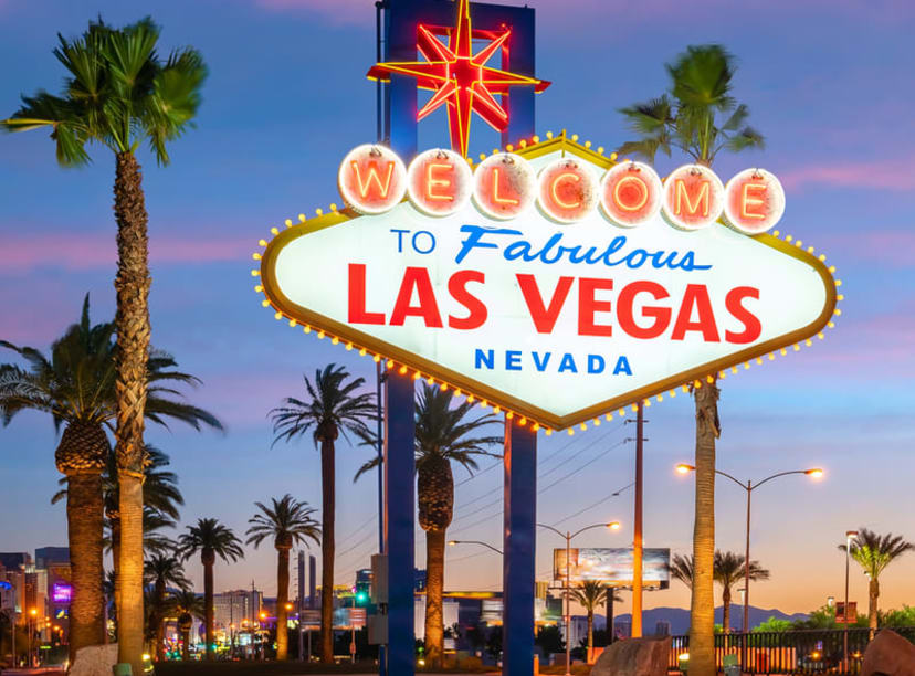 The 'Welcome to Fabulous Las Vegas' road sign at sunset