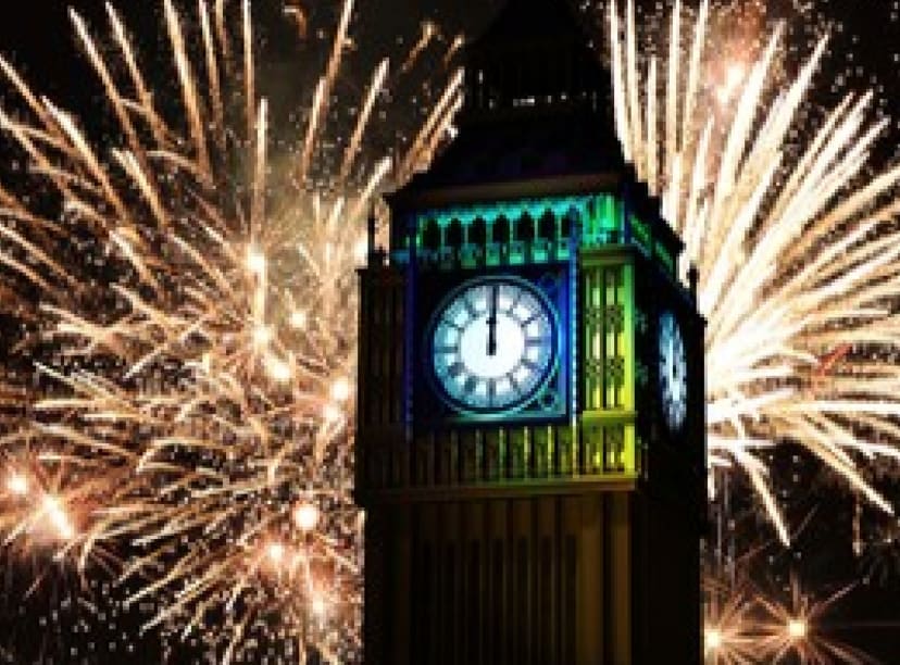 Fireworks around Big Ben at midnight in London
