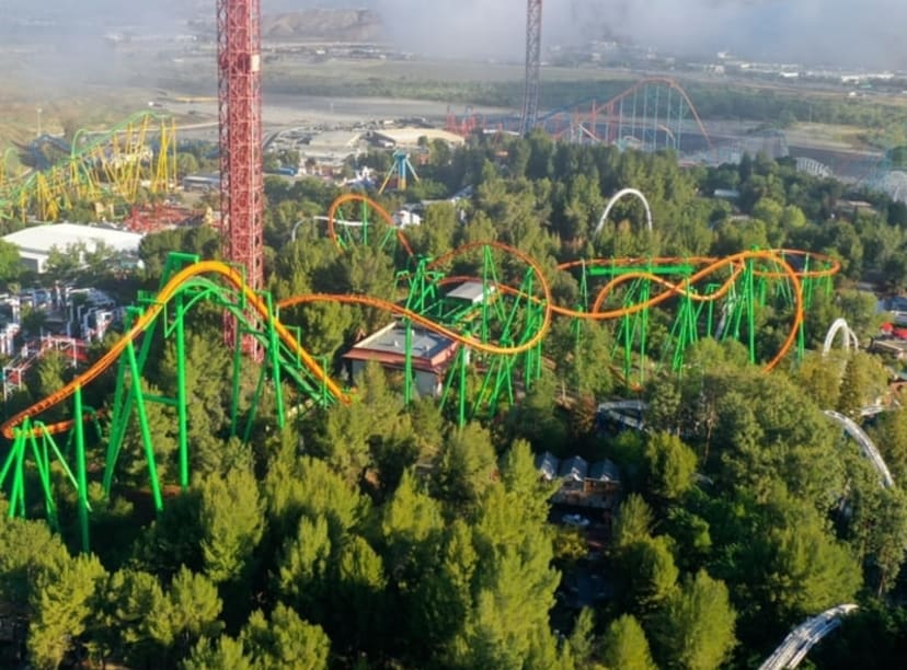 Aerial view of the Six Flags Magic Mountain theme park in California.