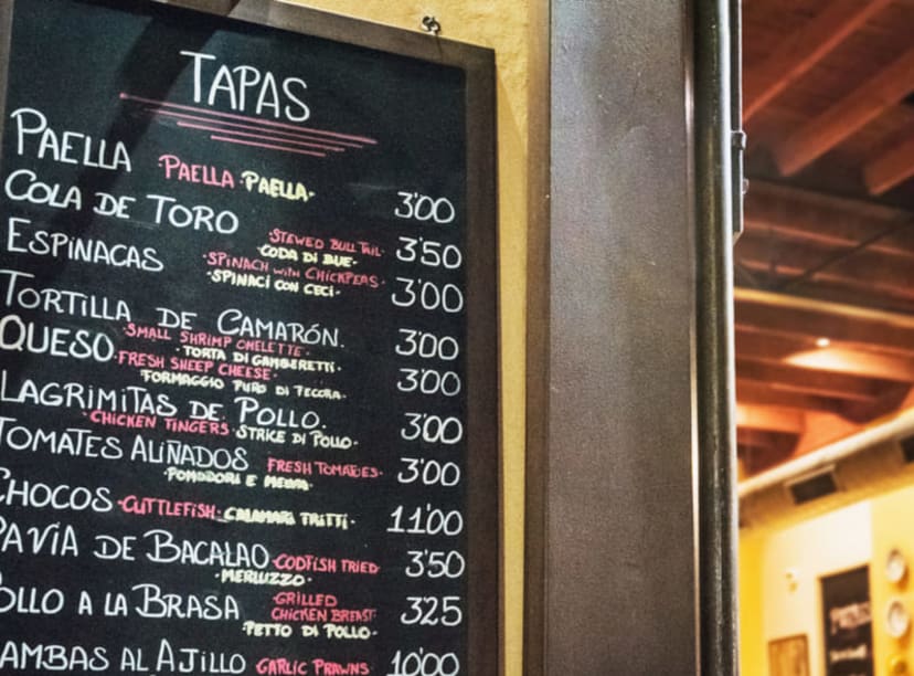 Tapas menu outside a restaurant in Madrid.