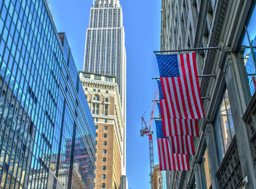 View looking up at the Empire State Building from street level