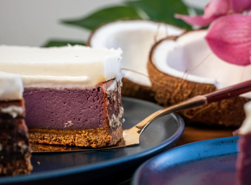 Traditional Hawaiian haupia cake made with coconut and purple sweet potato