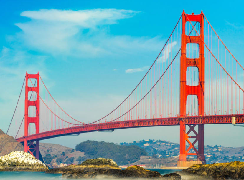 Side-on view of the Golden Gate Bridge spanning The Bay