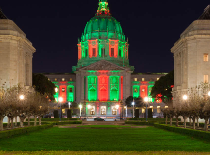 San Francisco City Hall illuminated in festive colors