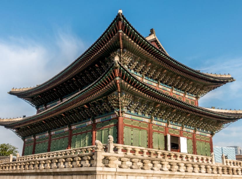 Close up view of a Korean palace building