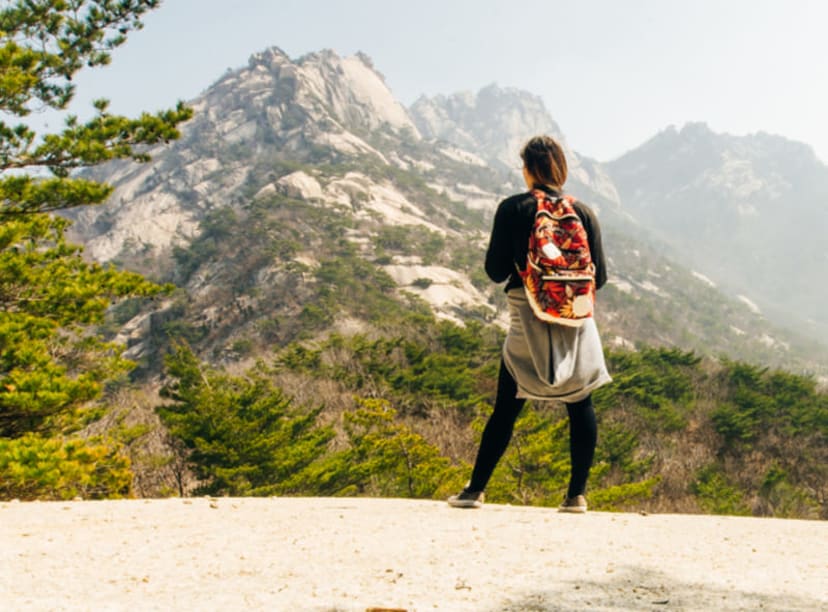 A hiker admiring the view in Bukhansan National Park, Seoul.