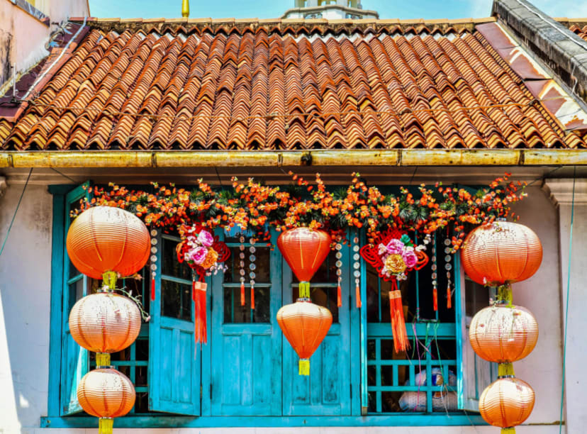 Colorful lanterns on a house in Singapore's Chinatown