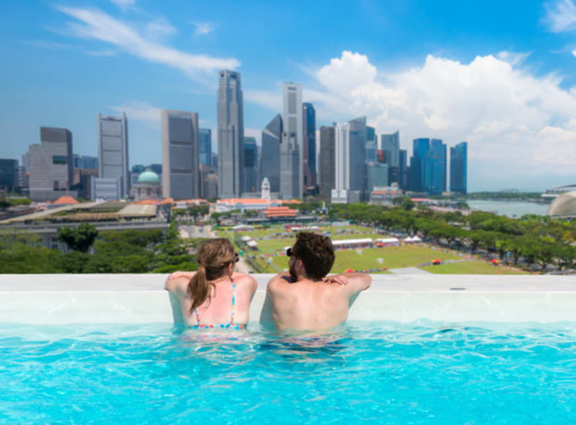 View of Singapore's downtown skyline from a rooftop pool.