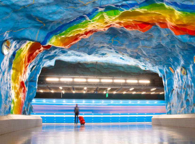 Rainbow art deep in the Stockholm metro system at Stadion station