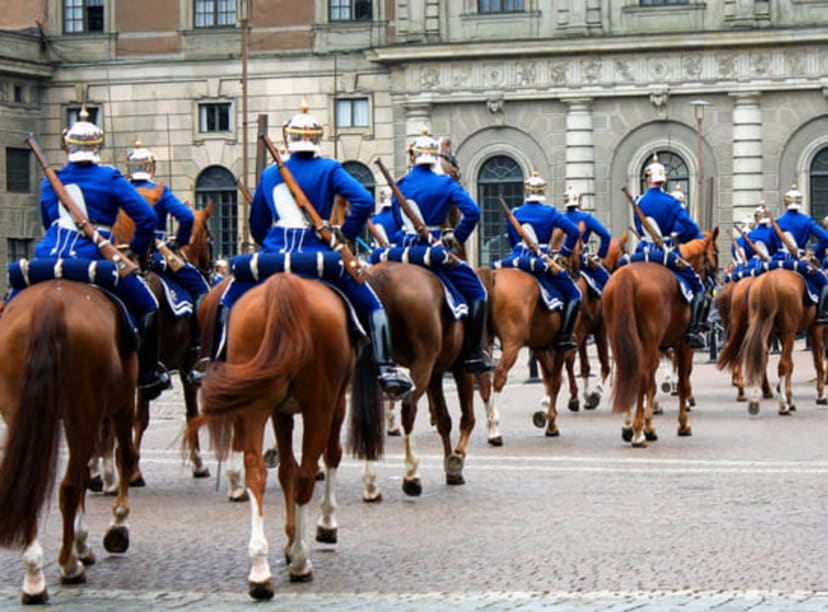 Royal guards on horseback during the changing of the guard ceremony at the Royal Palace in Stockholm