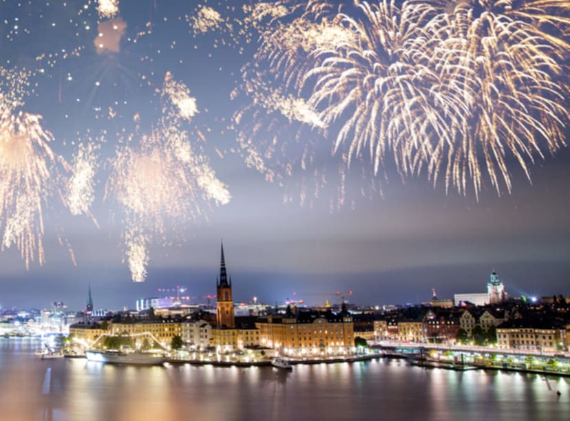 New Year's Eve fireworks over Stockholm's old town.