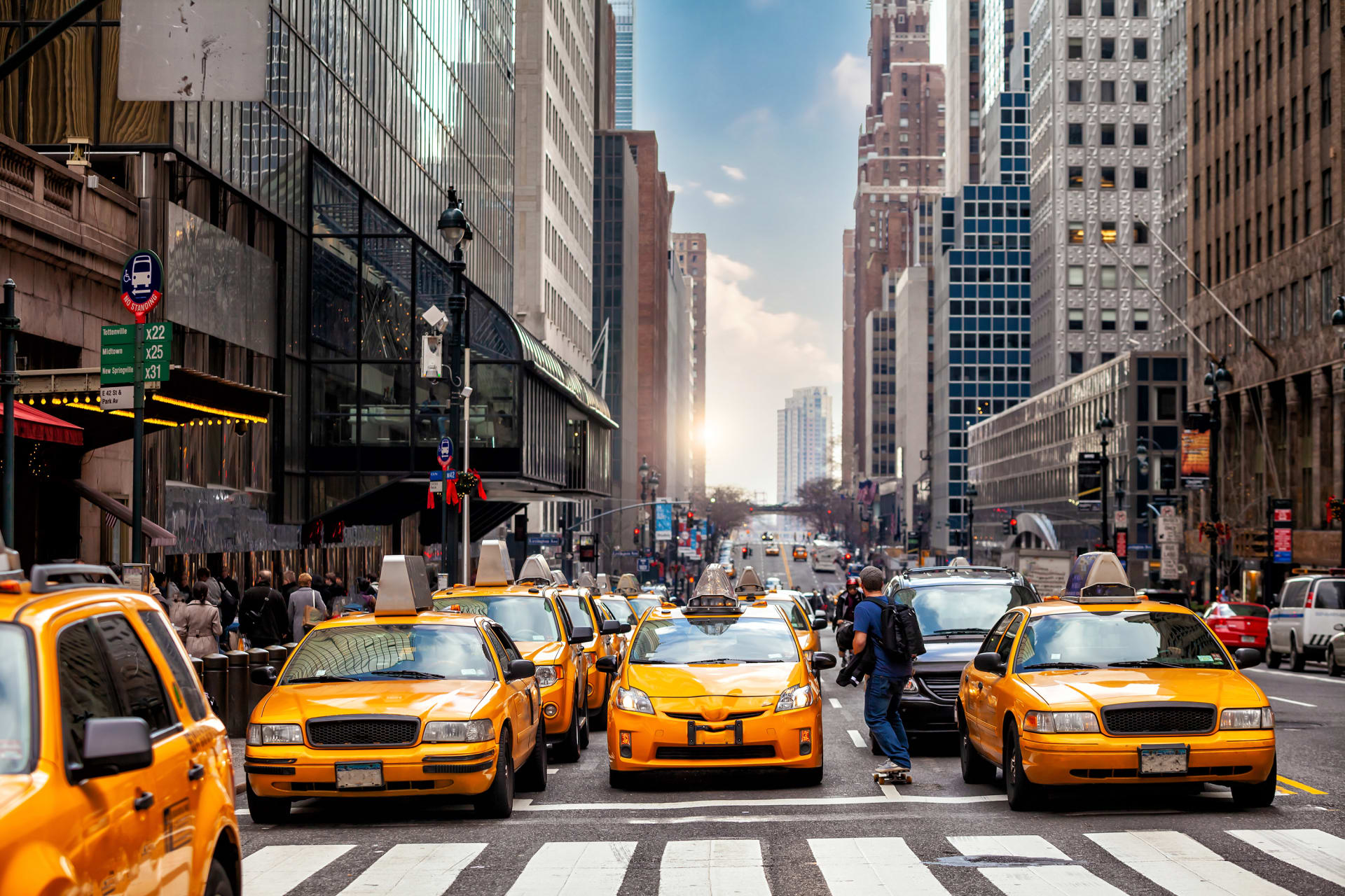 Yellow taxis in the traffic in NYC