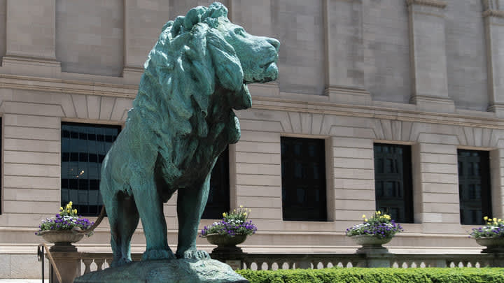 Escultura de león en la fachada del Art Institute de Chicago. Errores que no debes cometer en Chicago.
