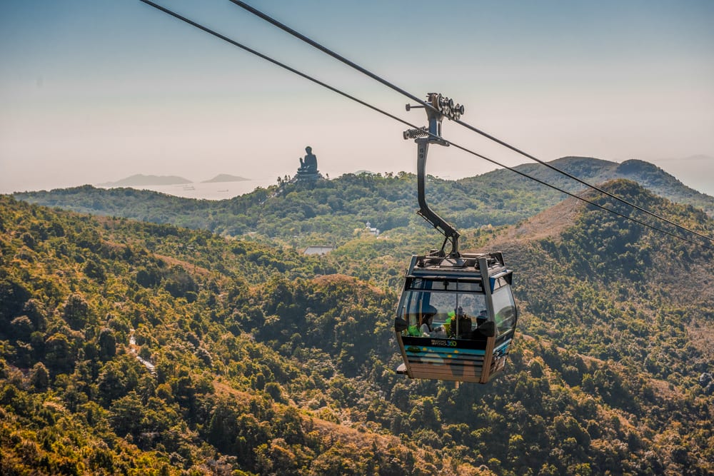 Ngong Ping 360 cable car and view of the Tian Rian Buddha