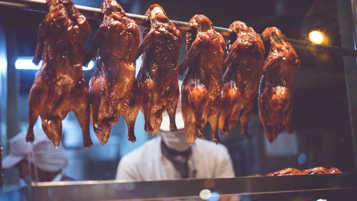 Peking duck at a street-food stall in Hong Kong