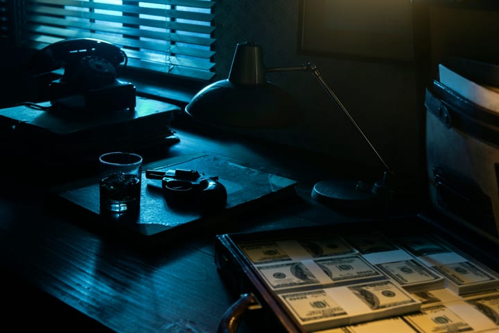 Mesa típica de mafioso con revolver, maletín con dinero y copa. Cosas que ver en Las Vegas para mayores.