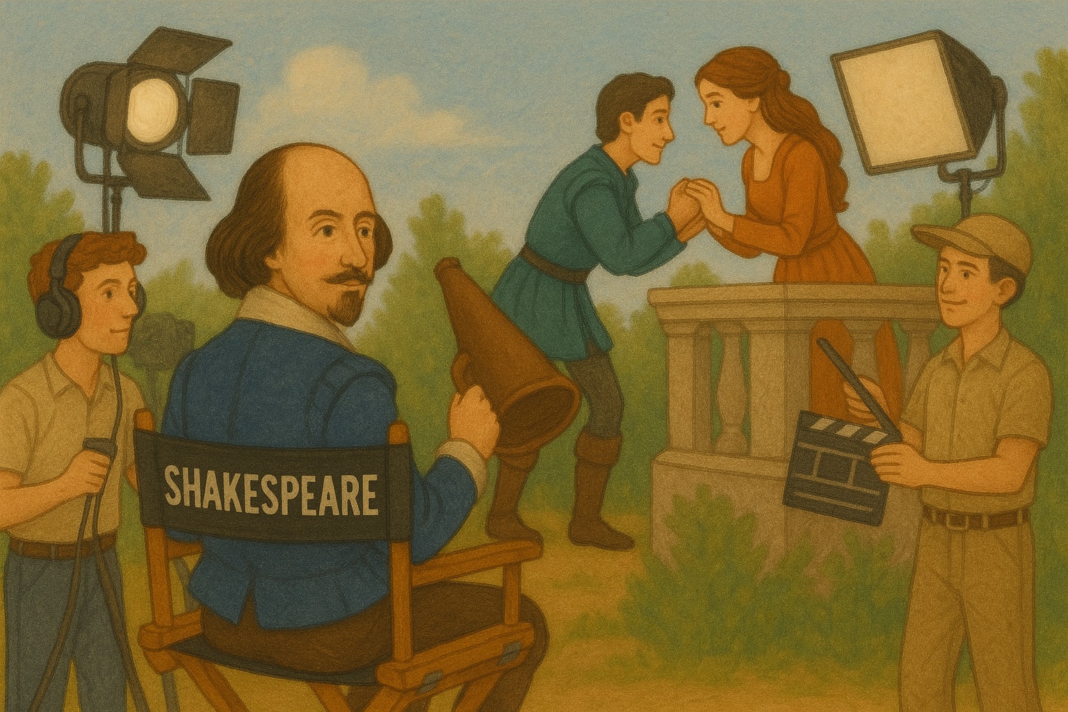 영화 세트장 감독 의자에 앉아 있는 셰익스피어