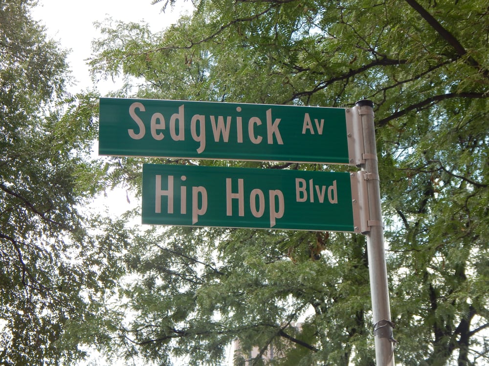Street sign pointing the way to Sedgwick Avenue and Hip-Hop Boulevard