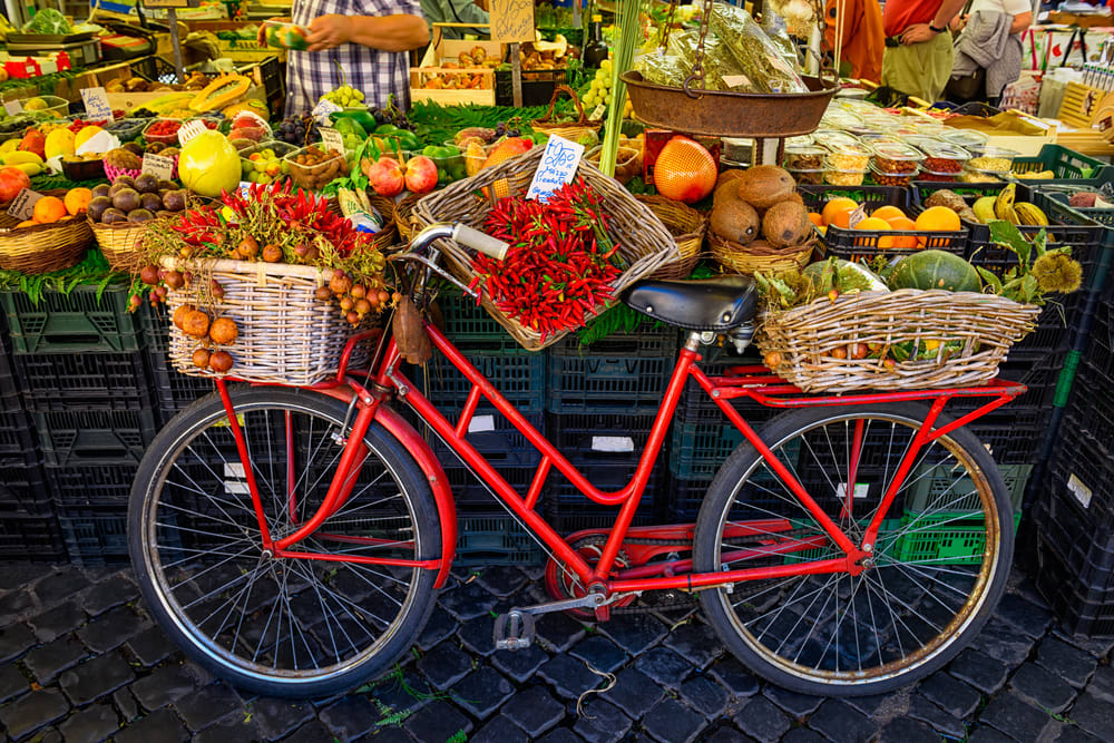 Bike and fresh wares at a market stall