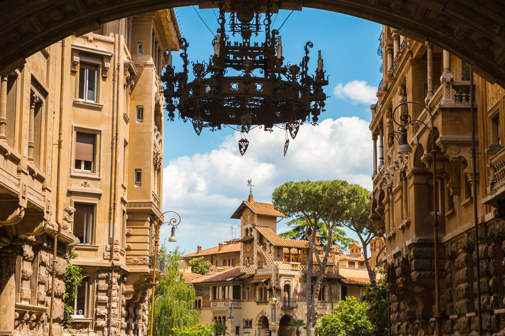 Iron chandelier at the Quartiere Coppedè in Rome