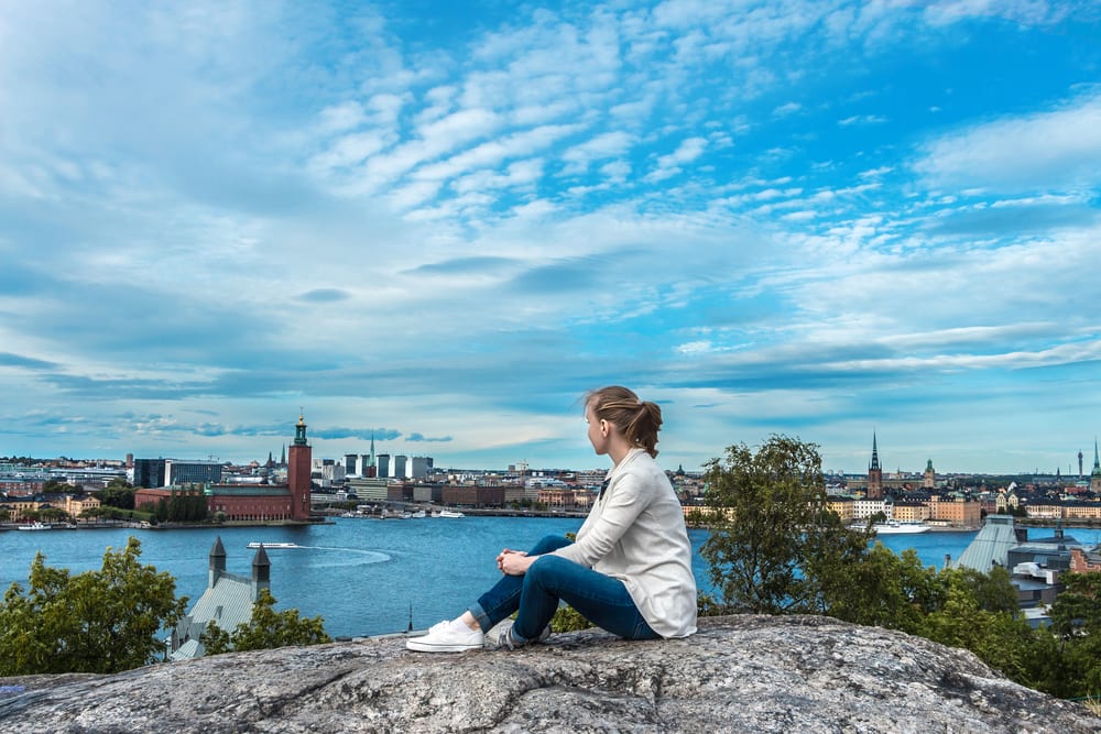 Tourist taking in views of the Stockholm skyline