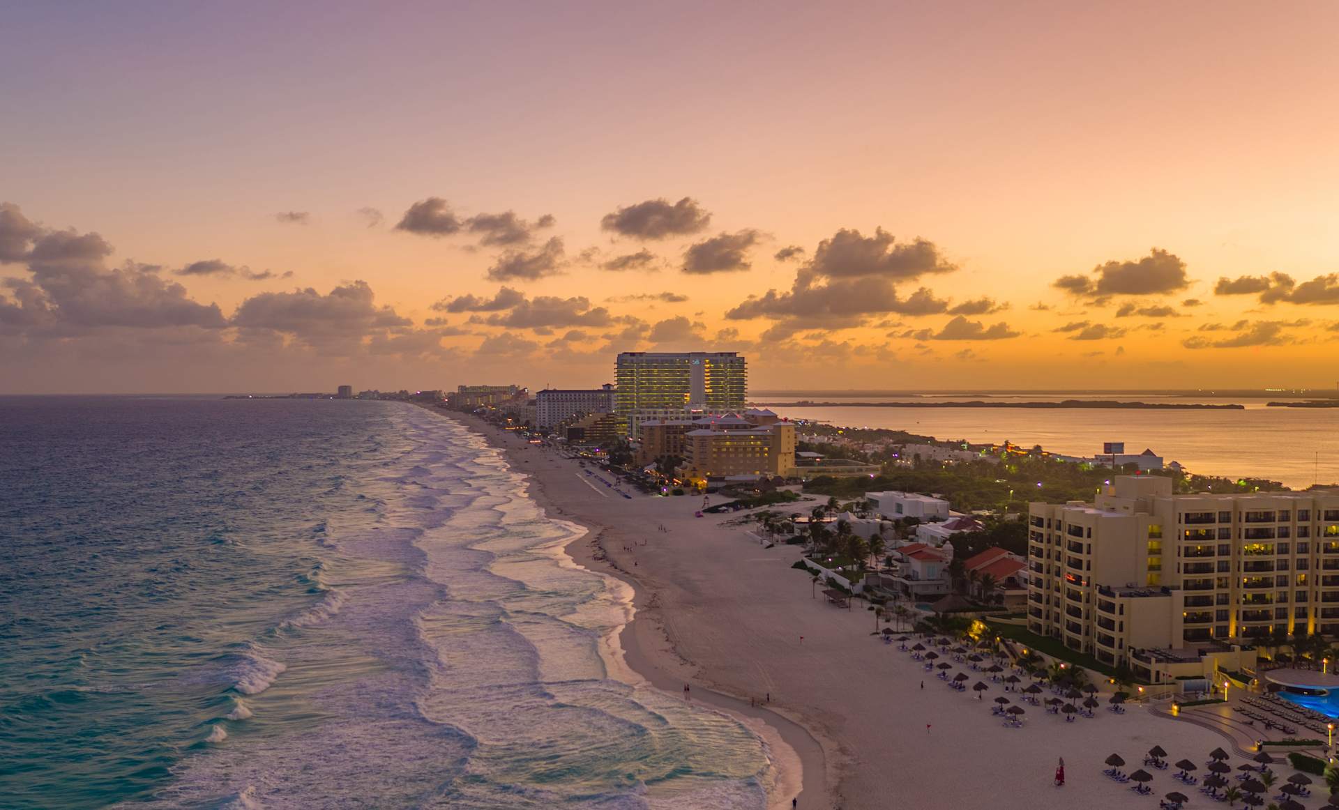 Aerial View of Hotel Zone at Sunset