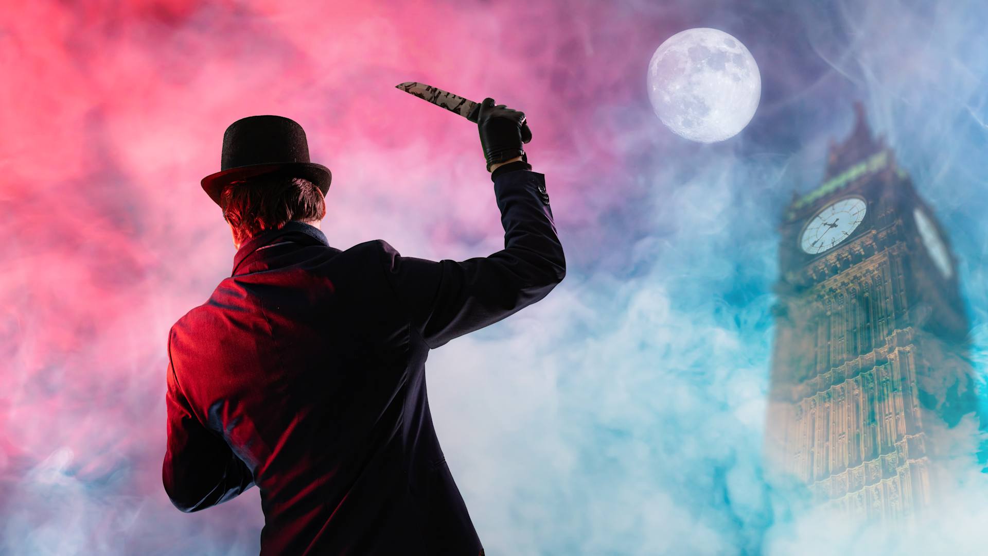 jack the ripper raising his blade theatrically to big ben