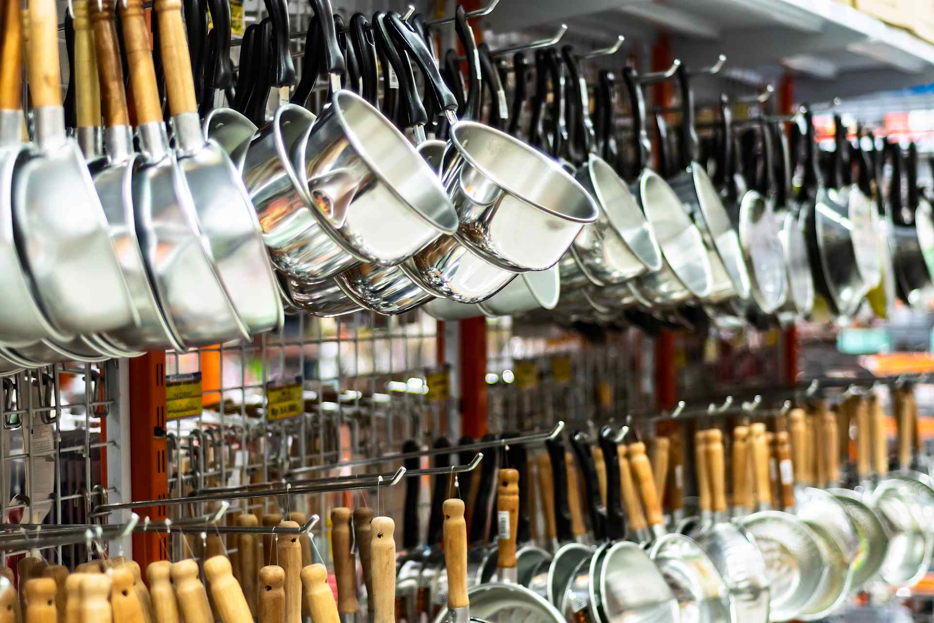 rows of high end kitchenware on display