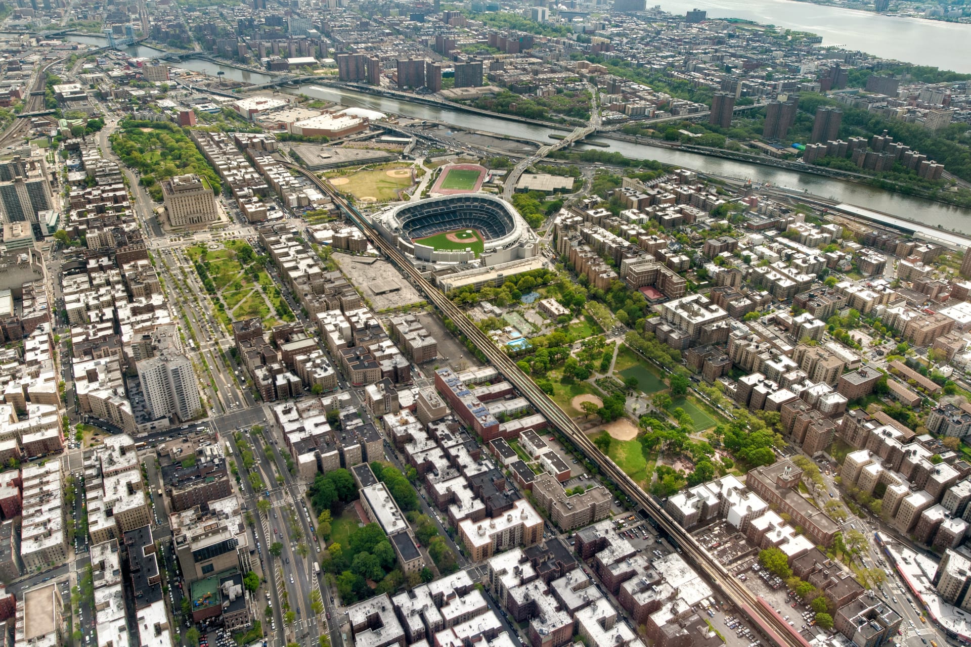 Vista aérea de Yankee Stadium en el Bronx, Nueva York. Actividades gratis en el Bronx.