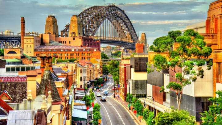 The scenic Rocks district and Sydney Harbour Bridge