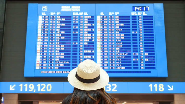 Traveler looking at flight timetable in the airport